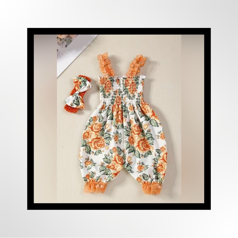 ‼️‼️Clearance-2pc Set -Floral Print Thin Strap Romper Jumpsuit &Headband
